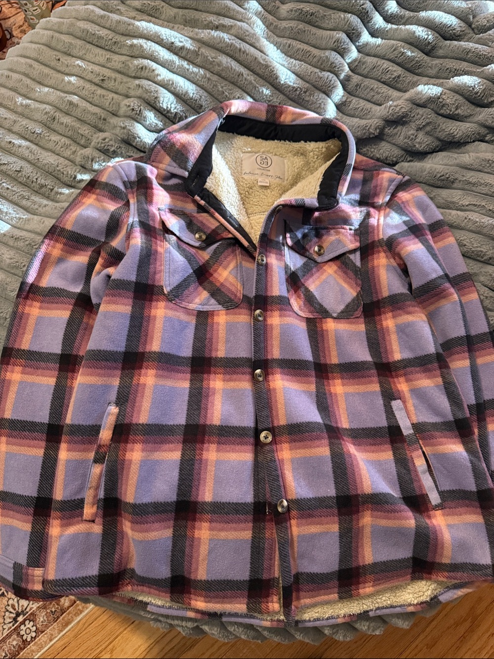 Sage Purple and Pink Plaid Sherpa-Lined Jacket